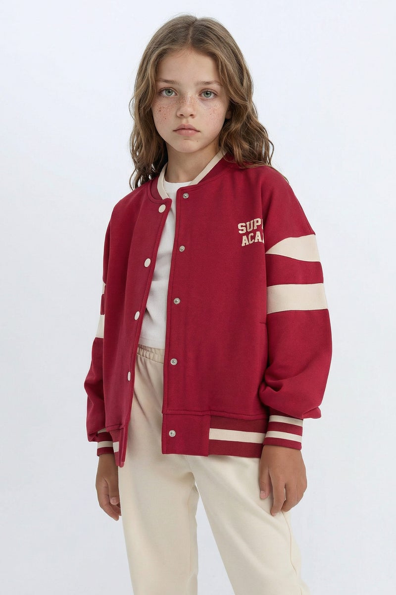 DeFacto Red Girl Girl College Collar Printed Snap Closure Soft Furry Inside Bomber Jacket Casual - Image 3